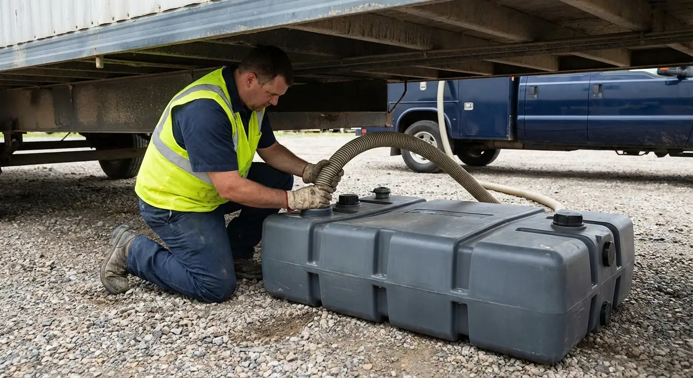 Summit City Portables vacuum truck servicing a waste holding tank at a construction site in Lee's Summit, MO